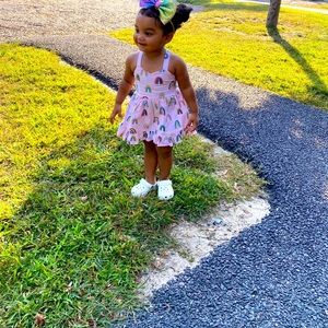 Alessandra little bow rainbow pinafore dress!